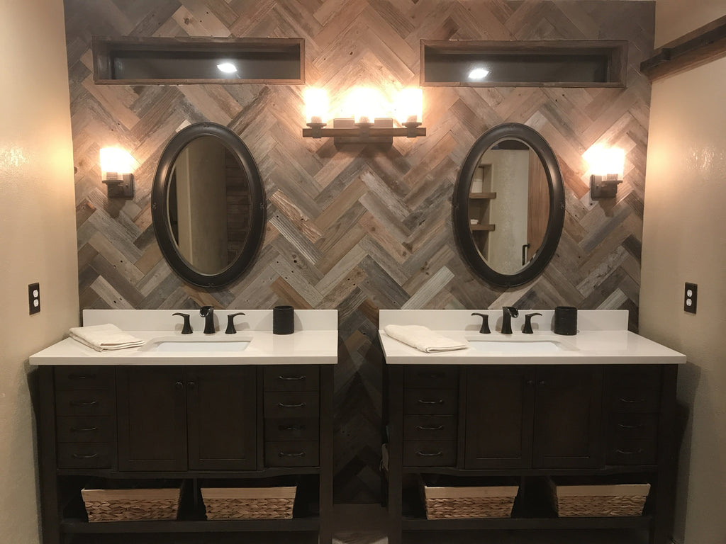 Herringbone Wood Planks for walls made from reclaimed barn wood.  Herringbone Wood Plank pattern bathroom wall.