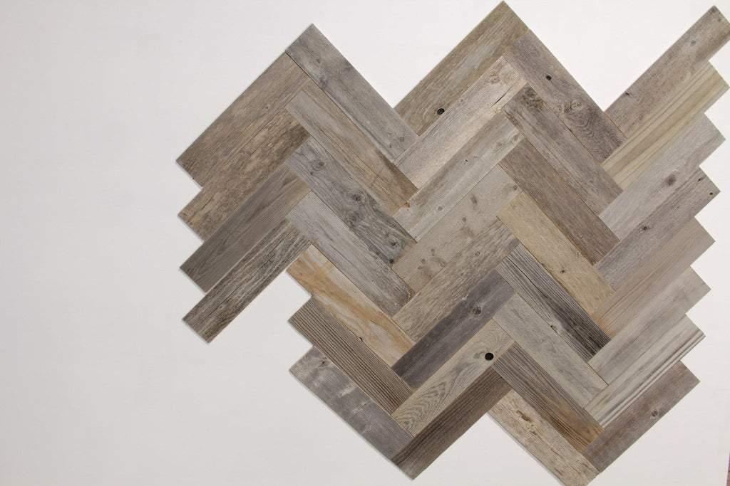 Herringbone Wood Planks for walls made from reclaimed barn wood.  