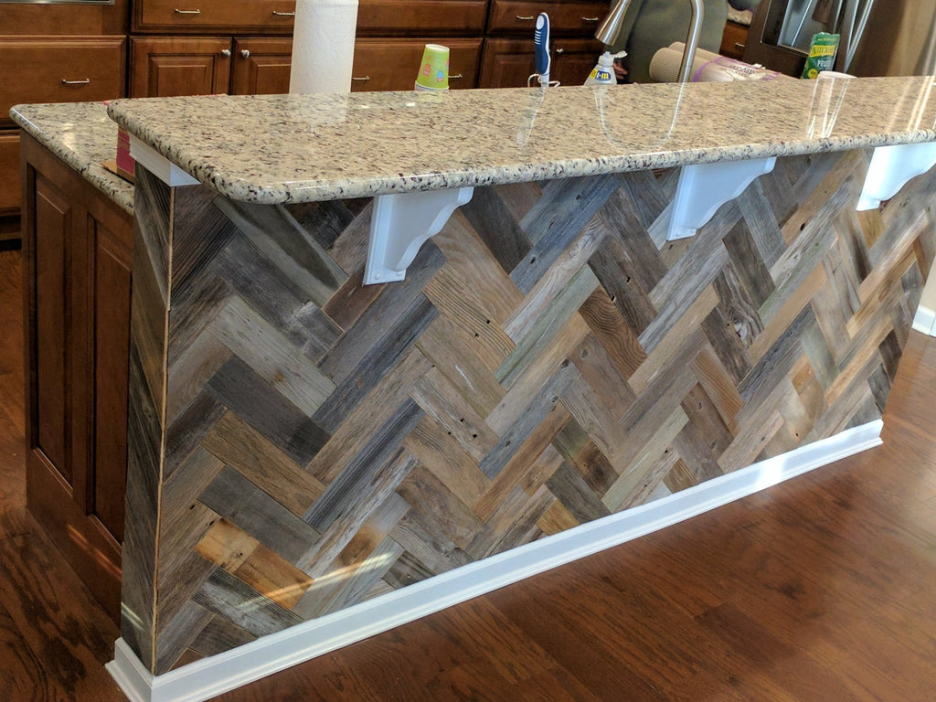 Herringbone Wood Planks made from reclaimed barn wood. Herringbone Wood Plank pattern island. 